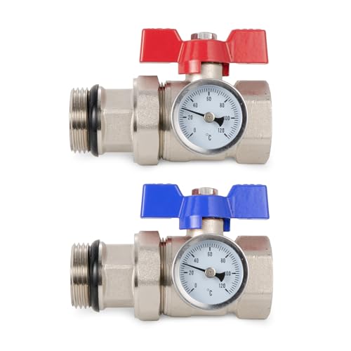 VANCOCO Kugelhahn Set mit Thermometer 1 Zoll Messing, selbstdichtende Verschraubung für Heizkreisverteiler und Fußbodenheizung