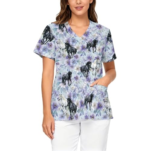 Xarleslyna Horse Floral Print Scrub Tops for Women Soft V-Neck Medical Uniform, Blue Horse Printed Scrubs Nursing Home Nurse Top with Pockets