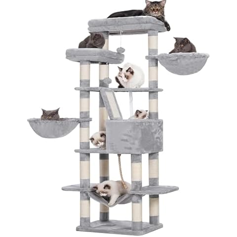 Heybly Cat Tree, 68 inch Multi-Level Cat Tower for Indoor Cats, 2 Widened Plush Perches Cat Condo with Scratching Board and Big Caves, Light Gray HCT025W Cover