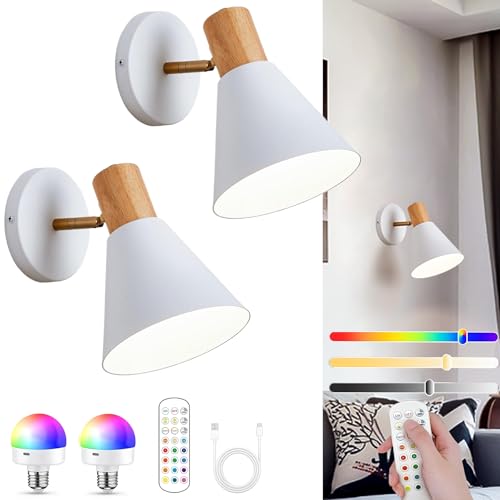 Image of Battery Operated Wall Sconces Lighting Set of 2, Adjustable Wireless Wall Lamp, Cordless Wall Lighting with Remote and Dimmable Rechargeable Bulbs for Bedroom Living Room (White)