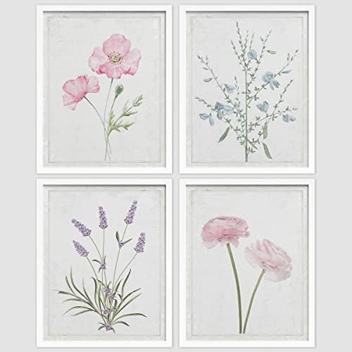 SIGNWIN Framed Lavender Rose Daisy Cornflower Wall Art, Set of 4 Nature Wilderness Wall Decor Prints, Botanical Floral Wall Décor for Living Room, Bedroom - 8"x10"White