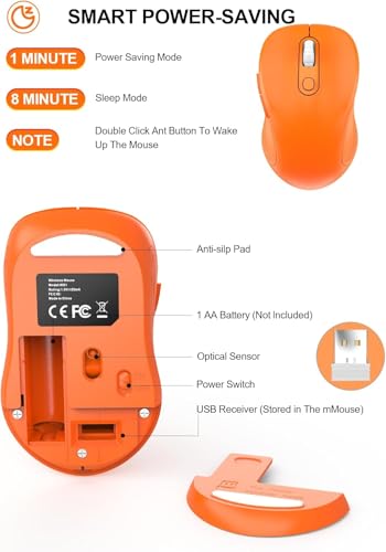 Image of WisFox 2.4G Wireless Mouse for Laptop, Ergonomic Computer Mouse with USB Receiver and Type-C Adapter, 3 Adjustable Levels DPI, 6 Button Cordless Wireless Mice (Orange)
