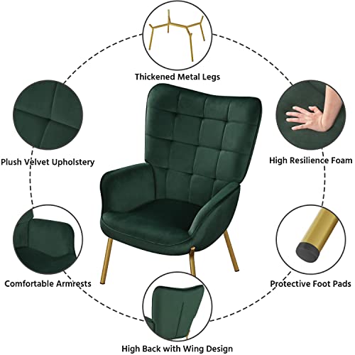 Yaheetech Velvet Armchair, Modern Accent Chair High Back, Living Room Chairs With Golden Metal Legs And Soft Padded, Tufted Sofa Chairs For Home Office/Bedroom/Dining Room, Green #TOP4