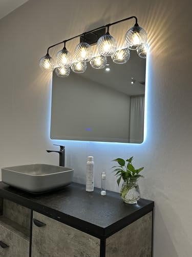 Image of MELUCEE 5-Light Bathroom Light Fixtures 42 Inches, Matte Black Vanity Lights with Blue Striped Swirl Glass Shade, Mid-Century Modern Bathroom Vanity Light Over Mirror