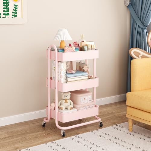 MIOCASA 3-Tier Metal Utility Rolling Cart, Heavy Duty Multifunction Cart with Lockable Casters, Easy to Assemble, Suitable for Office, Bathroom, Kitchen, Garden - Thumbnail 6