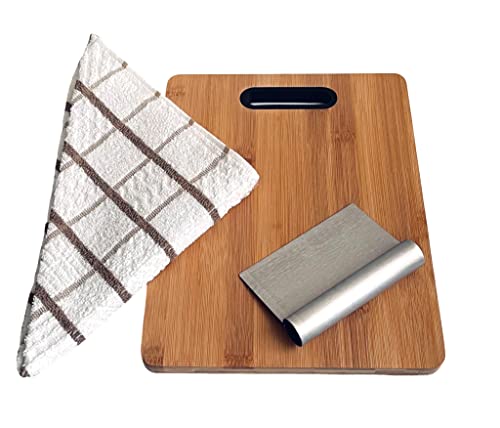 HdhStore/Juego de Tabla de Cortar de Bambú con Asa más Recogedor de Verduras de Acero Inoxidable más Paño de Cocina de Microfibra de 50x50 centímetros Cover