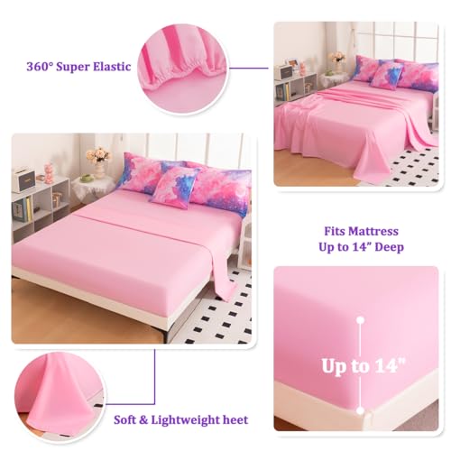 Image of Galaxy Girls Twin Bedding Set, 6 Pcs Twin Szie Comforter Set with Sheets, Glitter Pink Purple Bedding Set for Girls Kids