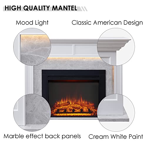 Legendflame® Ashley Electric Fireplace With 60" Mantel Surround And Jaden 36" Insert, Cream White With Light Grey Marble Finish #TOP3