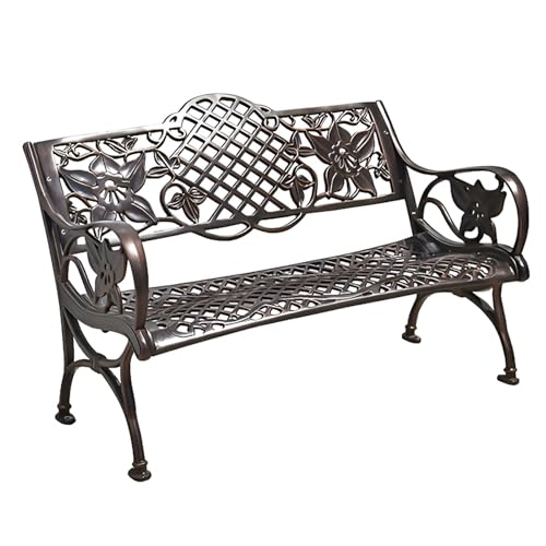 Generico Panca da giardino a 2 posti, panchina da esterno in alluminio antico con schienale a forma di fiore e braccioli per parco, terrazzo, balcone, carico 300kg