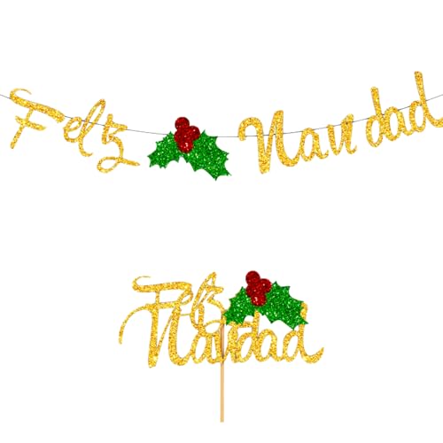 MEISH 2pcs Gold Feliz Navidad Spanish Banner and Cake Topper Spanish Christmas Party Banners Christmas Backdrop Banner Photo Shoot Props for Home Office