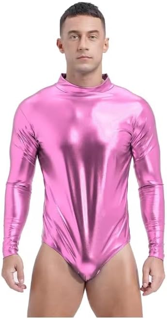Metallic Shiny Mens Bodycon Jumpsuit Slim Fit Long Sleeve Zipper Boxer Bodysuit Costume
