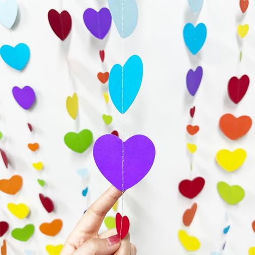 Image of 52Ft Valentines Day Party Decorations Rainbow Love Heart Garland Colorful Hanging Paper Heart Streamer Banner for Birthday Anniversary Bachelorette Engagement Wedding Baby Bridal Shower Carnival Party