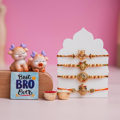 Image of eCraftIndia Set of 4 Designer Rakhi with Cute Deer Showpiece & Best Bro Ever Fridge Magnet | Premium Raksha Bandhan Gift Set for Brother | Roli Chawal Included