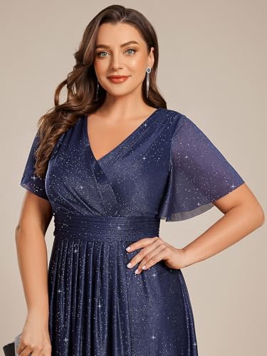 Image of Ever-Pretty Plus V Neck Short Sleeves Glitter Pleated Midi Plus Size Cocktail Wedding Guest Dresses for Curvy Women