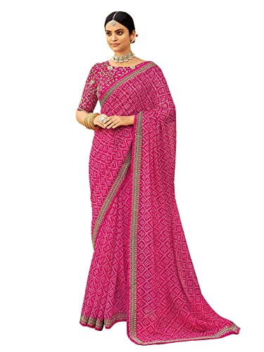 SIRIL Women's Bandhani Printed & Embroidery Work In Lace Georgette Saree with Unstitched Blouse Piece(2302S127_Pink, White), Pink, White, 5.5m - Regular Fit
