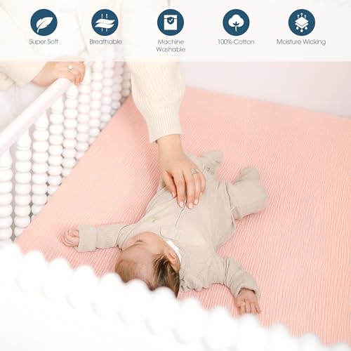 Image of GRSSDER 100% Cotton Muslin Crib Sheet 2 Pack - Breathable & Ultra-Soft Fitted Crib Sheets for Standard Baby & Toddler Mattresses, 52 inchx28 inch with 9 inch Deep Pocket, Snug Fit All-Around Elastic, Pink Floral