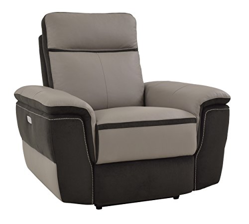 Homelegance Laertes Two-Tone Power Reclining Chair Top Grain Leather Fabric Match, Light Grey