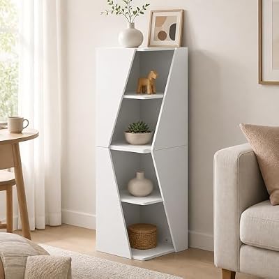Furevol Corner Bookcase, Stackable 2-in-1 Bookshelf, Book Shelf with Display Shelf, 16.1 x 16.1 x 49.1, for Bedroom, Living Room, Home Office, White