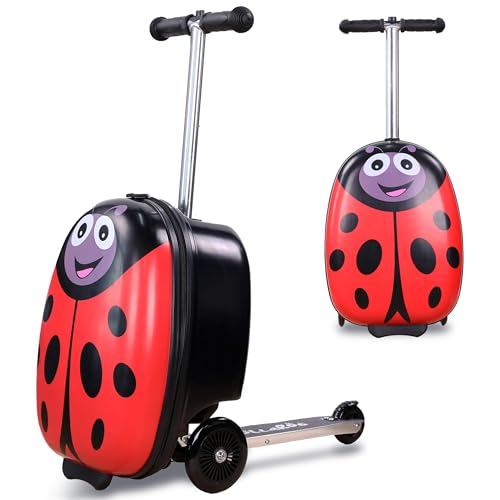 Ladybug Kids Scooter Suitcase - Folding Kids Luggage with Wheels - Multifunctional Ride on Luggage Travel suitcase with Strong Grip, Easy Locks and Zippers – Capacity to Hold 110LB