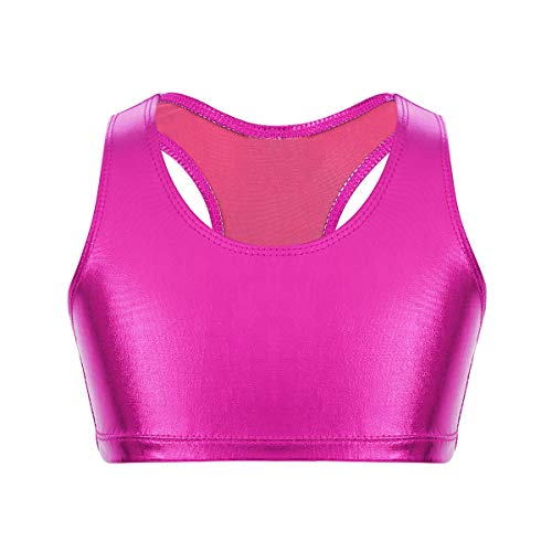 dPois Crop Top Niña Ropa de Deporte Camiseta Camisa Tank Top Corto Sujetador Deportivo Ejercicio Fitness Traje Gimnasia Ciclismo Running Baile Danza Ropa Interier sin Costuras Rosa Oscuro 7-8 Años