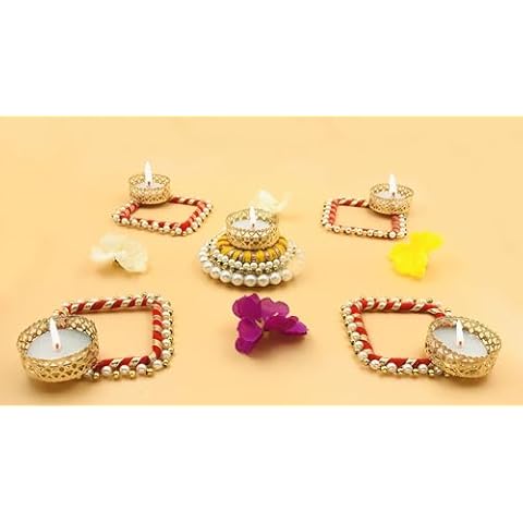 Gadinfashion™ Handmade Rangoli Set of 5 for Decoration, Diwali Decoration/Tealight Candle Holder/Diya/Festival Decoration, Color-Red & Yellow Cover