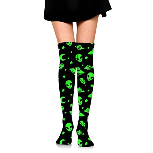 Green Alien Moon Spaceships Planet Black Thigh High Socks for Women With Decoration Cotton Socks Knee-High Stocking