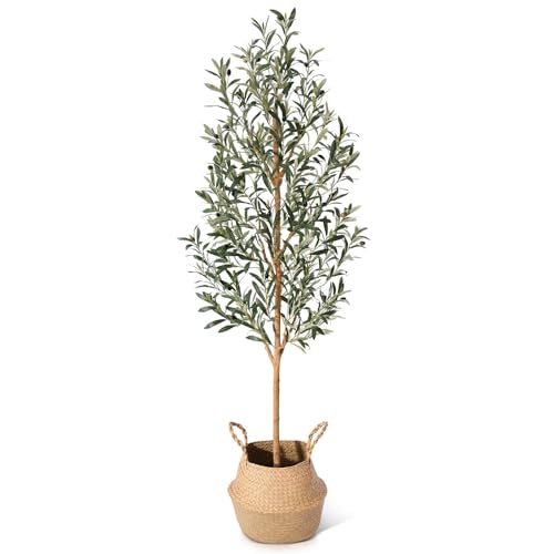 Faux Olive Tree 6FT &ndash; Tall Artificial Plants Indoor with Real Wood Trunk & Seagrass Basket...