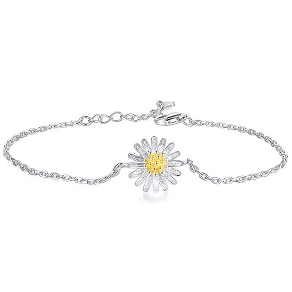 Braccialetti a catena con polsino in argento sterling moda, Bracciale in argento sterling 925 da donna Bracciale intagliato a mano squisito con margherita Bracciale in argento sterling con gioielli