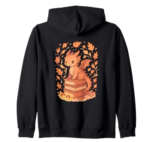 Otoño Dragón Sentado en Libros con Hojas Fantasía Arte Sudadera con Capucha