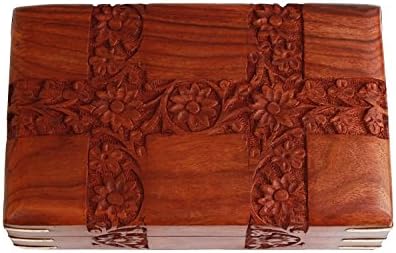 Store Indya - Handmade Wooden Jewellery Box Keepsake Storage Organizer Multipurpose Treasure Chest Trinket Holder for Women Men Girls Hand Carvings Designs