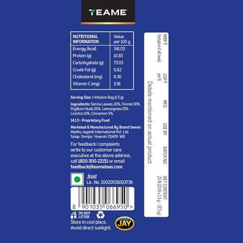 Image of TE-A-ME Senna Fennel Psyllium Husk Herbal Infusion, 25 Bags | Supports Weight Management