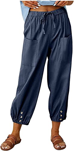 ASKSA Damen 7/8 Länge Hose Weitem Bein Freizeithose Leicht Sommerhose Lose Casual Leinenhose mit Taschen (Navy Blau,L)