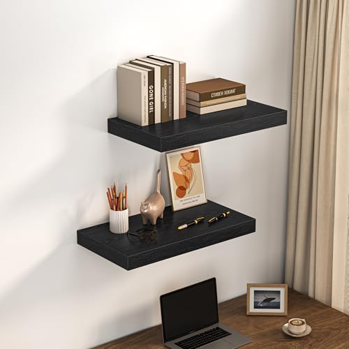 Image of Dreamland 24 inch Floating Shelves for Wall, 12 inch Deep Thicker Black Floating Shelves, Wall-Mounted Shelves for Bedroom, Living Room, Kitchen, Bathroom - Set of 2