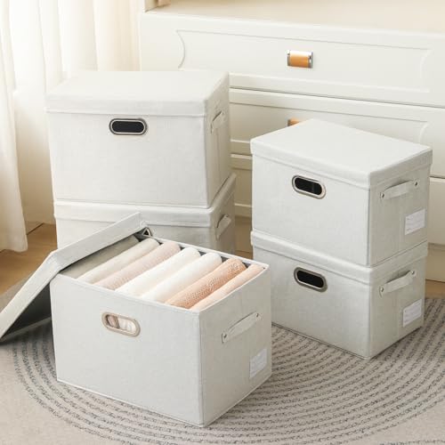 Image of PRANDOM Large Collapsible Storage Containers with Lids [5-Pack] Fabric Foldable Storage Bins Boxes Organizer Baskets Cube with Cover for Home Bedroom Closet Office Beige(17.3x11.8x11.8)