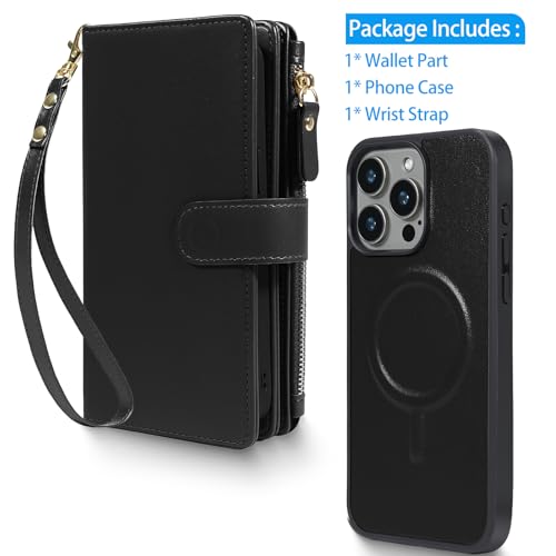 Harryshell 2 in 1 for iPhone 14 Pro Max Wallet Case Magnetic Compatible with Magsafe RFID Blocking Card Holder Detachable Phone Cover Zipper Purse Kickstand Wrist Strap for Men Women 6.7" 2022 Black - image 6