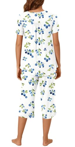 Image of Womens Summer Pajama Sets 2 Piece Short Sleeve Top and Capri Pants Plus Size Ladies Lounge Pjs Sets with Pockets