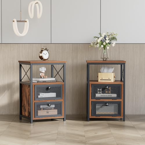 Image of VECELO Nightstand Set of 2, End Table with Flip Drawer, Modern Night Stand for Bedroom,Living Room, Office, Easy Assembly, Walnut Brown