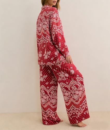 Image of Women Satin Pajama Set Floral Silk Pajamas 2 Piece Lounge Sets Button Down Shirts Wide Leg Pants Pjs Sleepwear