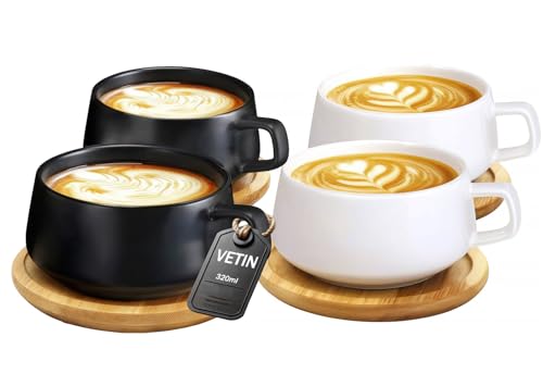 VETIN Lot de 4 Tasses à cappuccino avec soucoupe, tasse en marbre, 320 ml, en porcelaine, pour thé, café, cappuccino, tasses à café avec disque en bois (Noir*2 + Blancs*2)