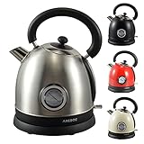 Arebos Wasserkocher | Edelstahl | Retro Design | 1,8L | 3000W | Cool-Touch-Griff | Überhitzungsschutz | Antikalk-Filter | Otter-Controller Sicherheitssystem | BPA-frei | mit Thermometer