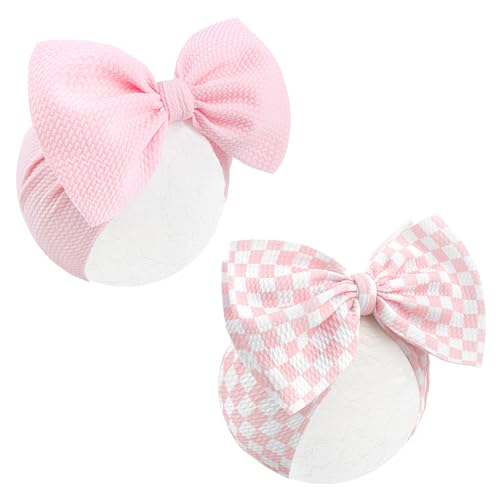 YanJie 2PCS 7 Light Pink Bows for Baby Girls Checkered Headband Pink Bow Infants Toddler Hair Accessories Newborn Headbands Hair Bow Baby Clothes