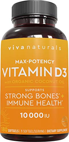 Viva Naturals Vitamin D3 (10,000 IU) - High Potency Vitamin D with Organic Coconut Oil, 180 Softgels