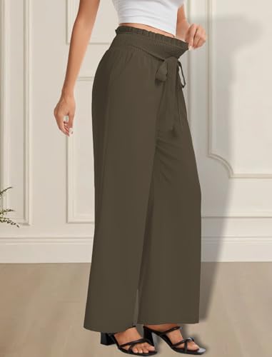 Stylish Wide Leg Trousers for Women with Bow Detail and Side Pockets Comfortable Elastic Waist Dressy Pants for Business Casual Office Wrinkle Resistant Slacks Dark Coffee M — view 4