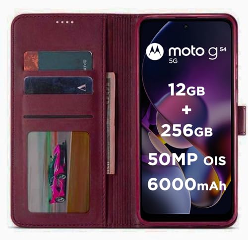 Image of SHINESTAR Moto G54 5G / G64 5G Flip Back Cover | PU Leather Flip Cover Wallet Case with TPU Silicone Case Back Cover for Motorola Moto G54 5G / G64 5G - Blood Red