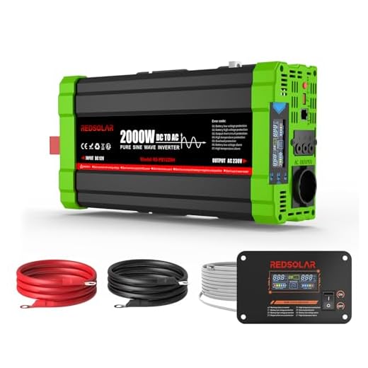 REDSOLAR Inverter 2000W 12V 220V/230V Onda Sinusoidale Pura con Display LCD, Porta USB, Presa EU e Pannello Remoto con Cavo da 7 metri, Picco 4000W – Ideale per Auto, Camper e Grandi Elettrodomestici