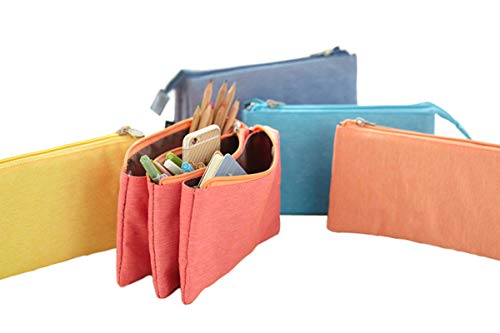 UQueen Fashion Creative Candy Color Three Layer Large Capacity Zipper Cosmetic Makeup Storage Bag,Simple Lovely Cute Canvas Multi-Functional Stationery Pencil Pen Case Bag (Orange)