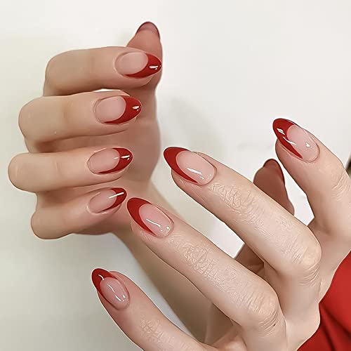 KXAMELIE Almond Nude French Press on Nails Short,Cute Red Glue on Nails Glossy Oval Shape Acrylic Nails Press on,Daily Wear Stick on Nails for Women and Girls DIY Manicure Decoration 24Pcs Fake Nails