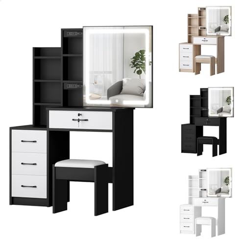 ALFORDSON Dressing Table Vanity Stool Set with Sliding LED Mirror, Chair, Mutiple Shelves and Storage Cabinet, Makeup Desk Dresser Organiser for Women Bedroom Dressing Room, Black White