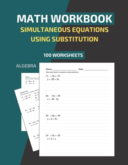 Math Workbook Simultaneous Equations Using Substitution Algebra 100 Worksheets