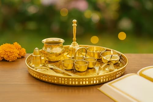Image of Mkd2 Rise Brass Puja Thali Set (12 inch, Gold) - Set of 10 Pieces | Traditional Pooja Thali Plate | Puja Set for Home Decor, Temple, Office, Wedding and Return Gifts